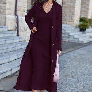 Maroon Elegant Women's Sleeveless Sweater Dress & Button Front Cardigan Set